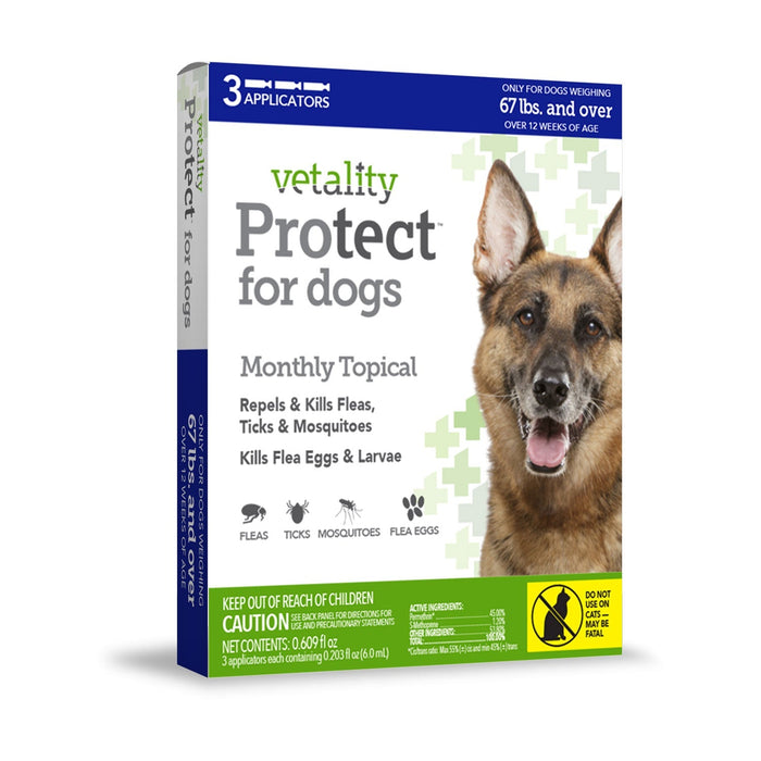 Vetality Protect Flea & Tick Monthly Topical for Dogs, 3 pk - TVB3D - 3 Pack (3 Month Supply) - Over 67 lbs - 8