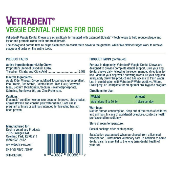 Vetradent Veggie Dental Chews for Dogs – Plaque & Tartar Control, Fresh Breath, Daily Oral Care Treats - DECD2 - Small (5 - 20 lbs) - 30 ct - 6