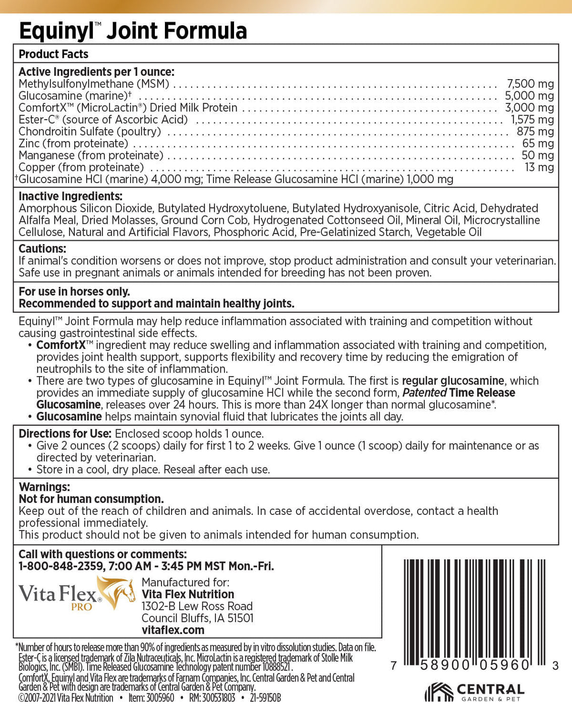 Vita Flex Equinyl Combo Joint Formula Horse Joint Supplement, 60-Day ...