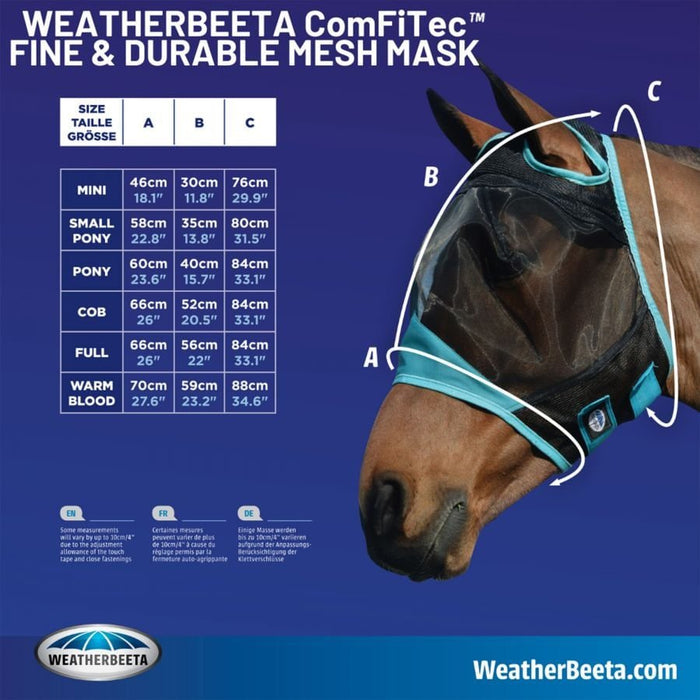 WeatherBeeta ComFITec Durable Mesh Fly Mask with Nose, Size Chart - Jeffers - Horse Supplies > Horse Fly Masks