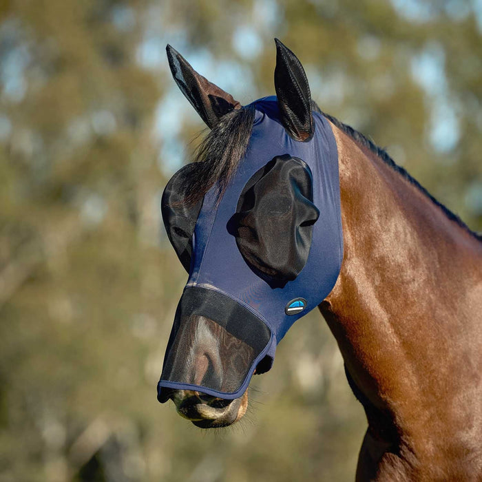 WeatherBeeta ComFITec Luxe Stretch Fly Mask with Ears & Nose, Navy - KOBBQ - Navy - Medium - 1