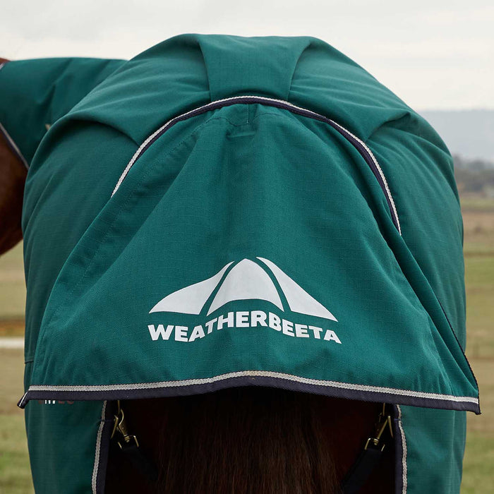 WeatherBeeta ComFiTec Plus Dynamic Detach - A - Neck Heavy Weight Turnout Blanket for Horses - 1200D, 360g Polyfill, Waterproof & Breathable - KOBAF - Forest Green / Navy Trim - 66" - 360 g - 4
