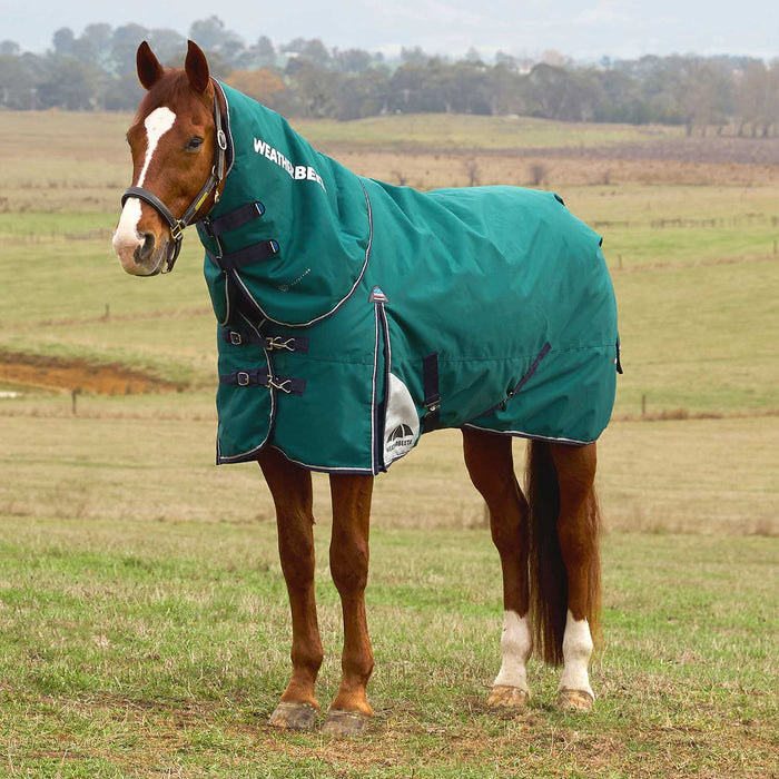 WeatherBeeta ComFiTec Plus Dynamic Detach - A - Neck Heavy Weight Turnout Blanket for Horses - 1200D, 360g Polyfill, Waterproof & Breathable - KOBAF - Forest Green / Navy Trim - 66" - 360 g - 1