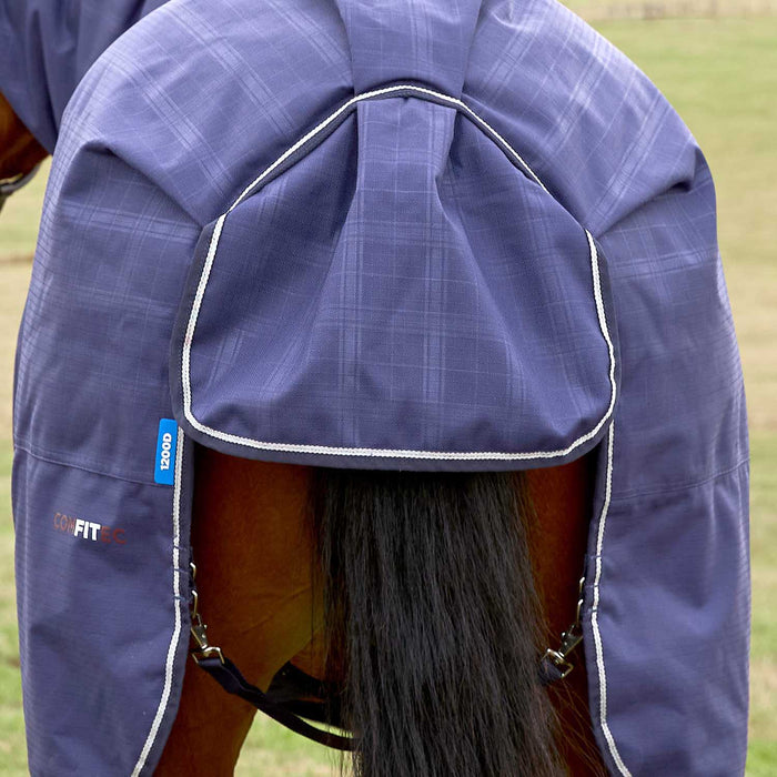 WeatherBeeta ComFiTec Prelim 1200 Denier Medium Weight Waterproof Turnout Blanket for Horses - Standard Neck, Insulated & Durable - KODAN - Navy Embossed Plaid - 66" - 4