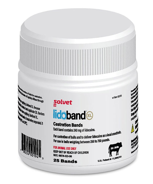 XL Bander with Lidoband XL Pain - Relief Lidocaine Castration Bands for Cattle, Humane Castration Kit, Plier - Type Applicator - 7V1D - Extra Lidoband XL Bands 25 ct - 2
